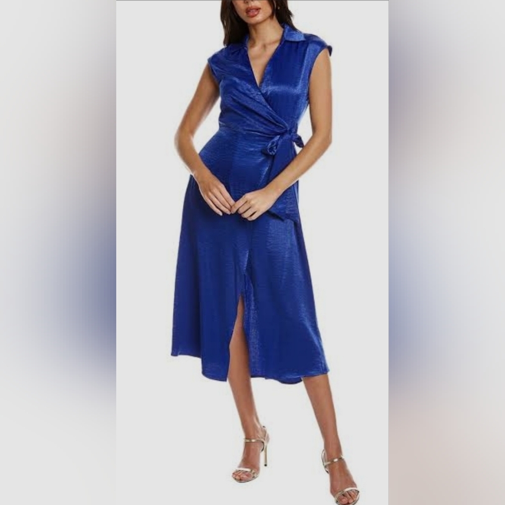 Maison Tara Blue Satin Wrap Dress